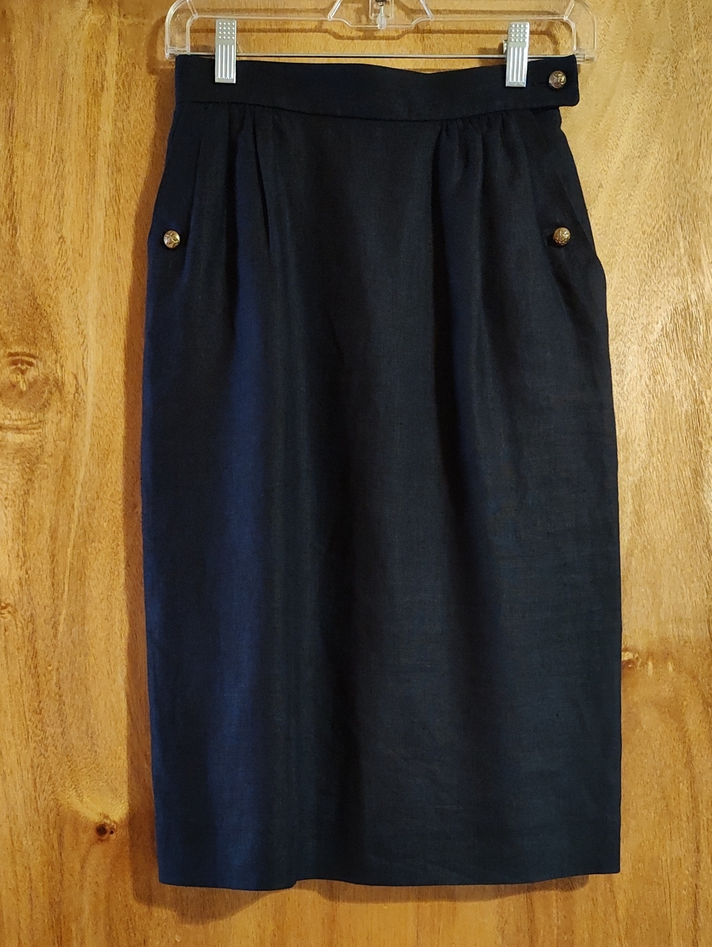 80s Vintage Jaeger Linen Pencil Skirt Navy Blue Pockets Brass Military Lined 8